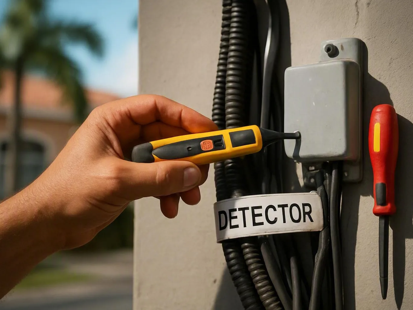 Hand uses a yellow electrical tester beside a labeled wall box and screwdriver