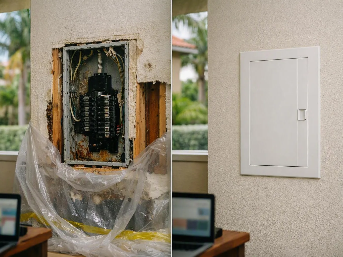 Before-and-after electrical panel replacement showing a damaged panel and clean