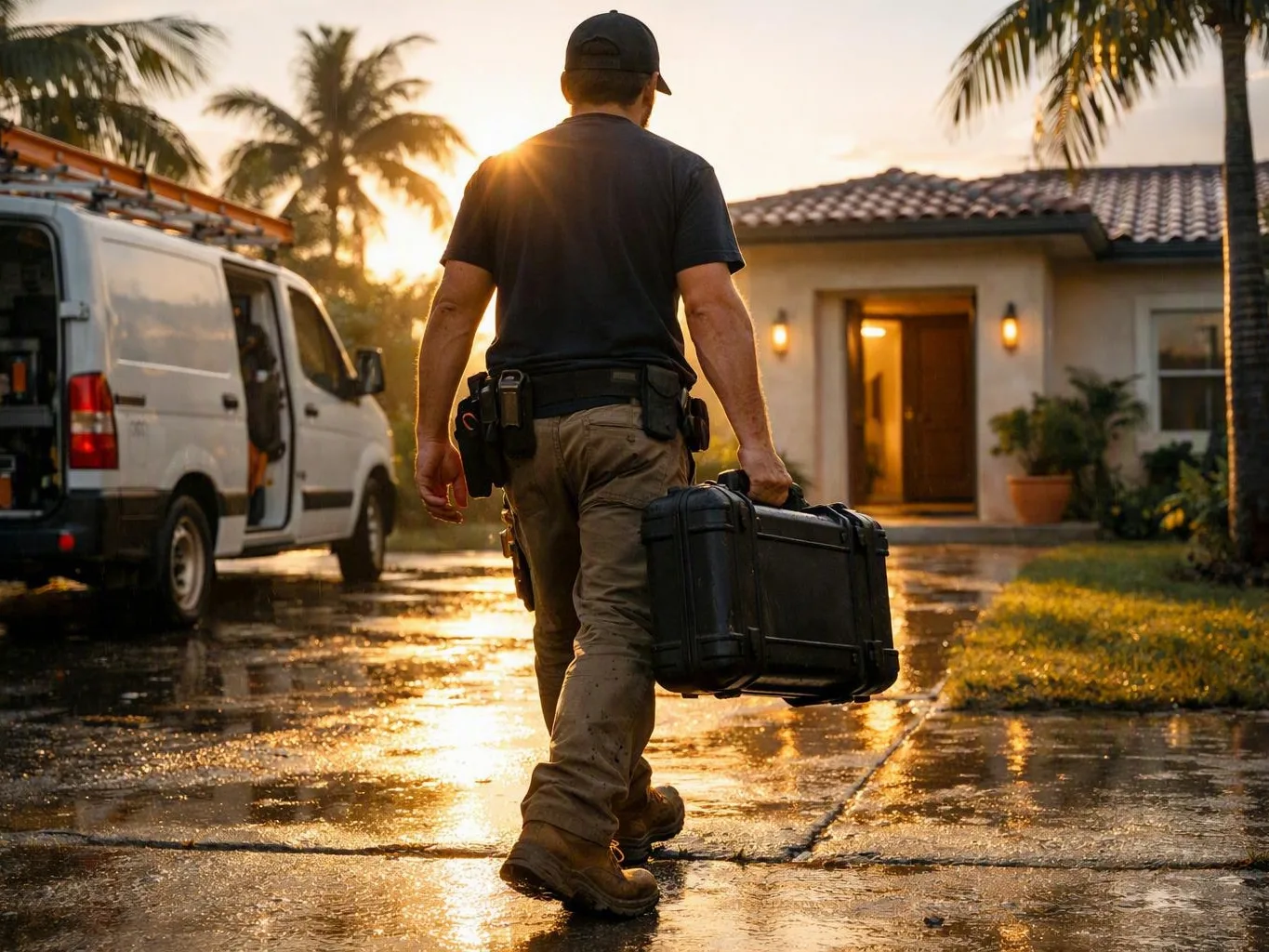 Worker carries a black equipment case toward a house beside a white van on wet