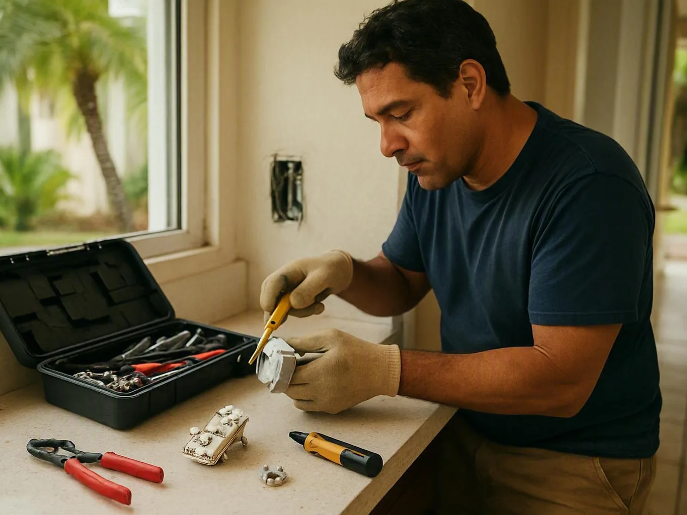 Worker wiring a ceiling fixture in a Hialeah Gardens home