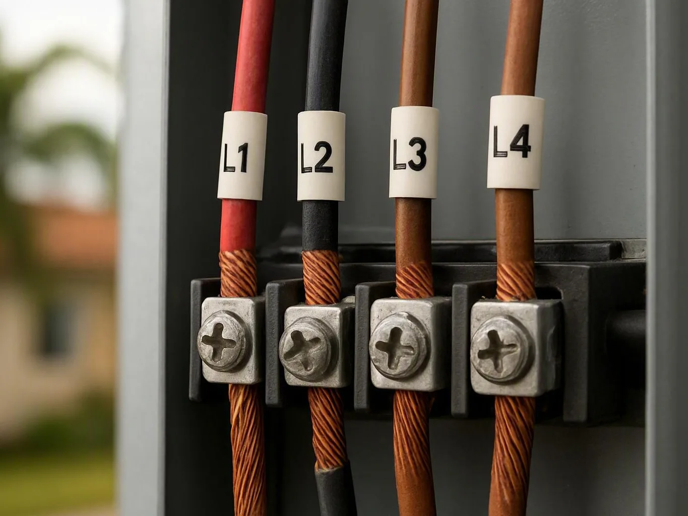 Four labeled electrical wires clamped into a metal terminal block inside a gray