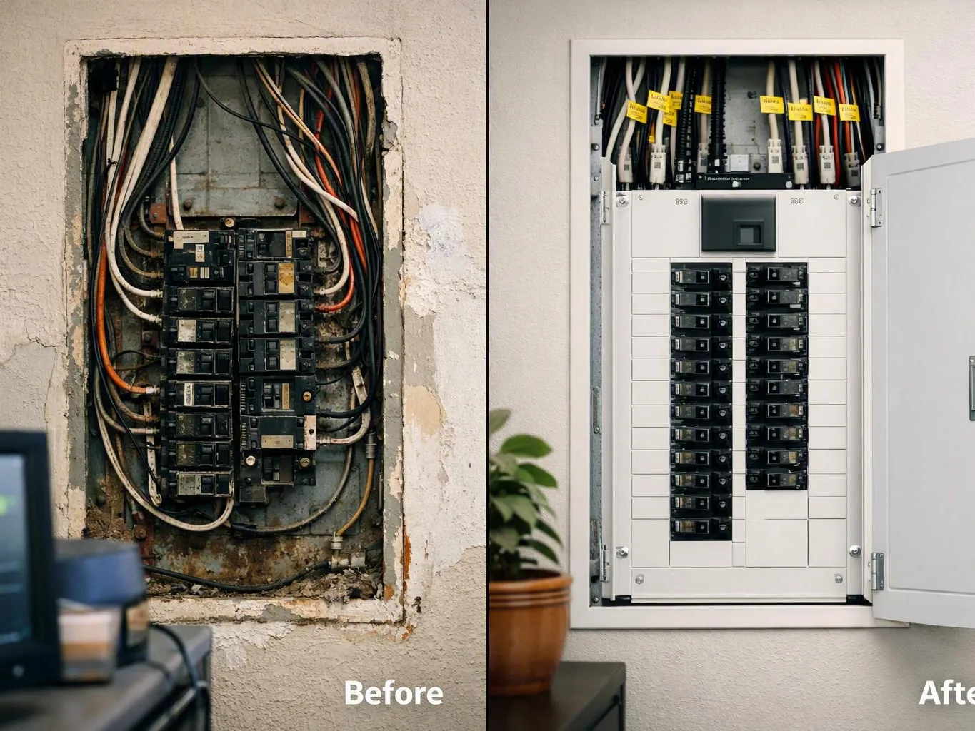 Comparison showing a cluttered old electrical panel beside a neat upgraded