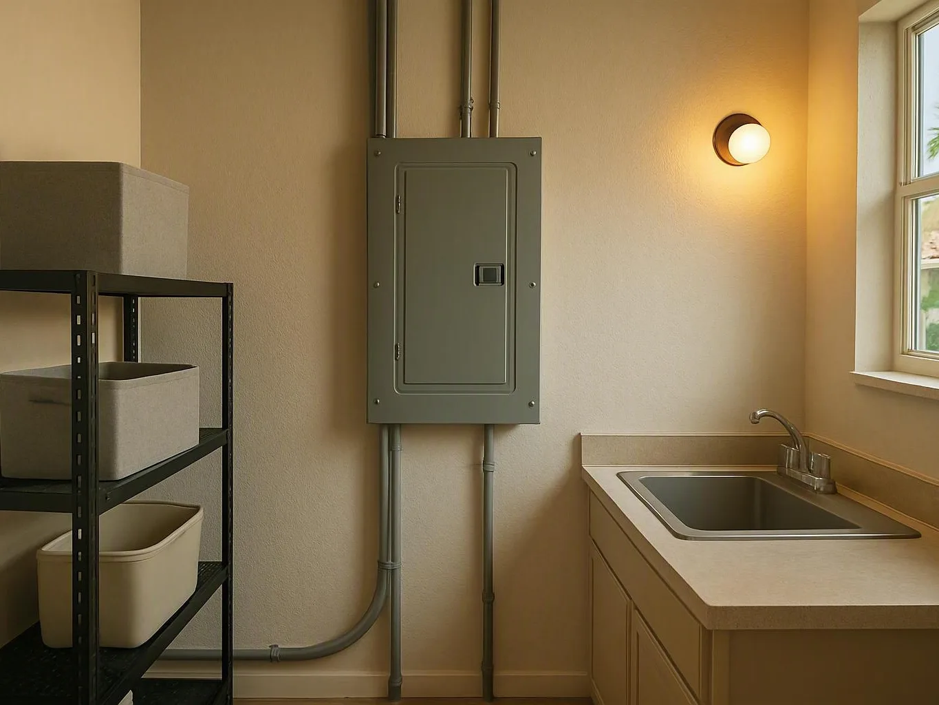 Small utility room with an electrical panel, storage shelves, bins, and a sink