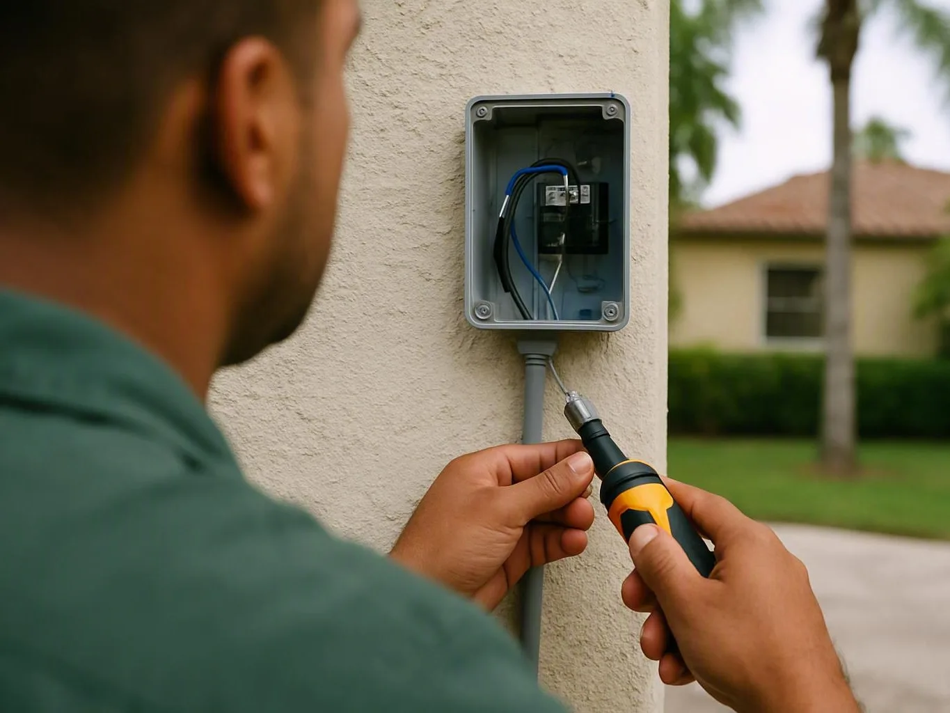 Person repairs wiring inside an outdoor electrical box on a stucco wall