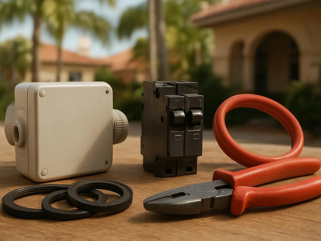 Electrical parts, rubber rings, and red-handled pliers on a wooden outdoor table