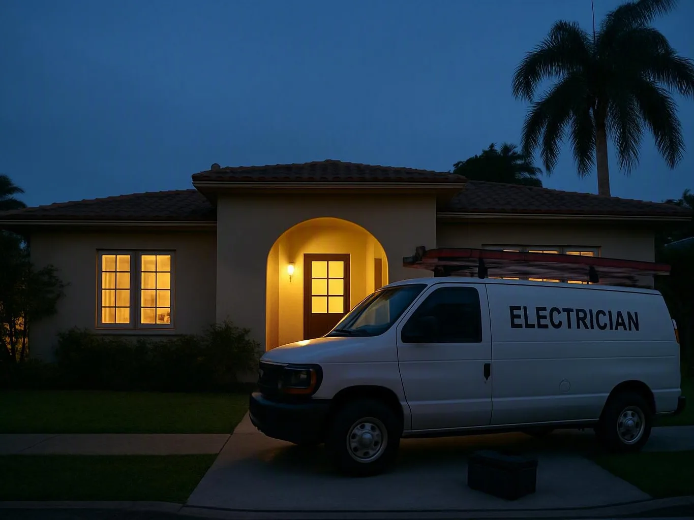 White electrician van with ladders parked outside a lit suburban house at dusk