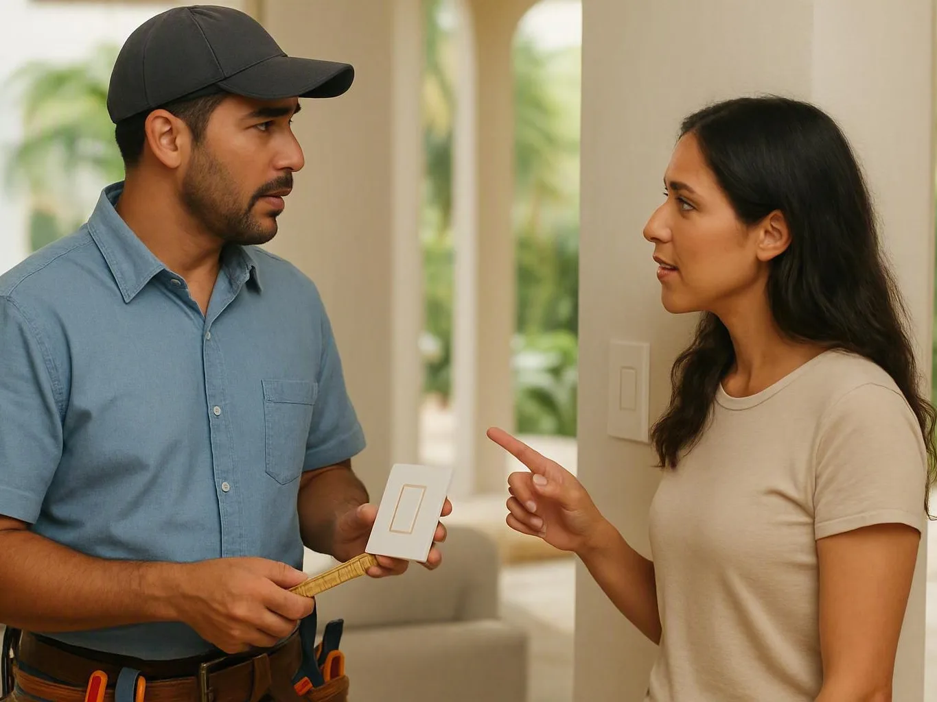 Man holds a light switch plate while a woman points inside a bright home
