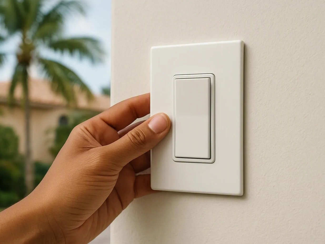 Hand presses a white wall light switch beside a blurred palm tree