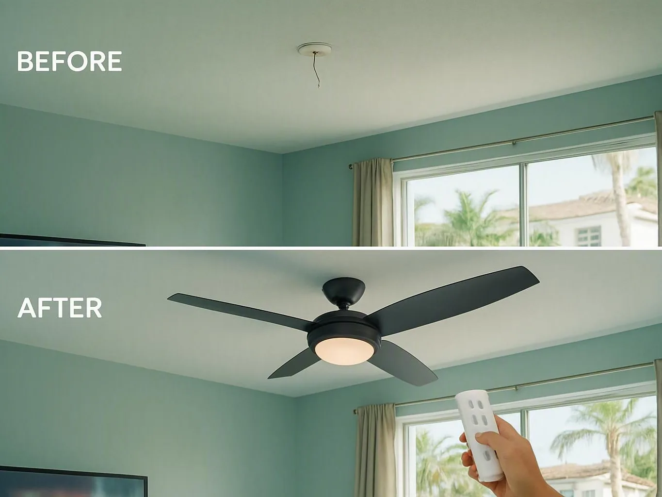 Before-and-after bedroom ceiling fan installation, with a hand holding a remote