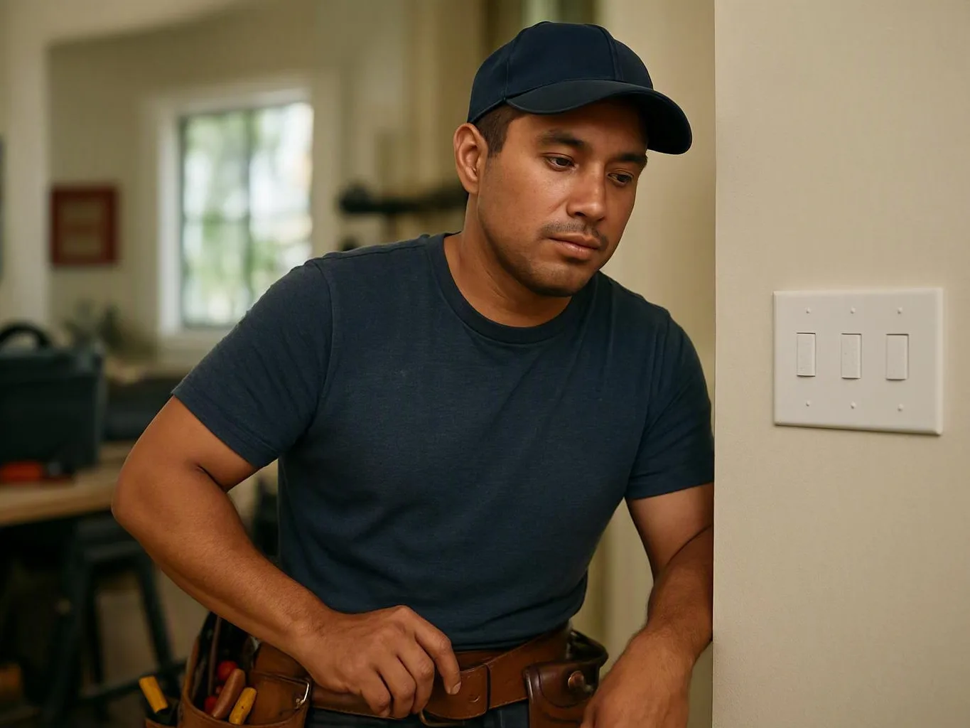 Electrician in a navy cap adjusts his tool belt beside an indoor wall switch