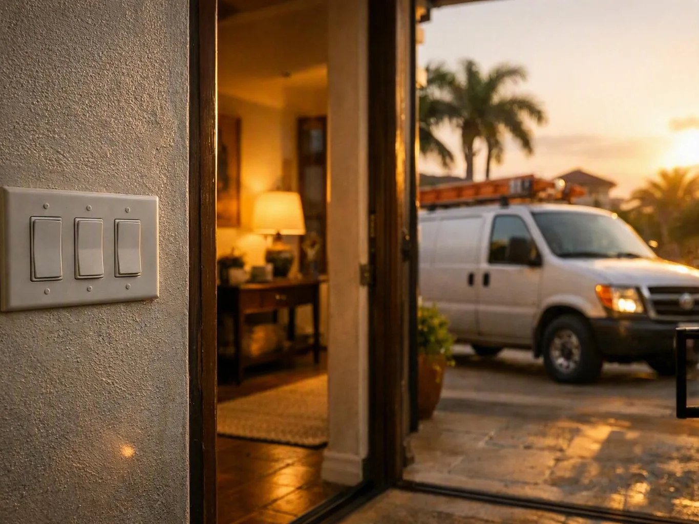 Lit home entry opens toward a driveway with a white van and palm trees at sunset