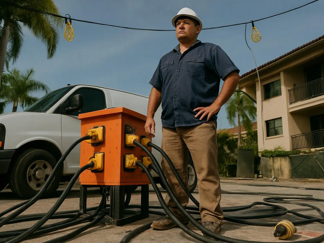 Worker in a hard hat stands beside an orange cable box and white van