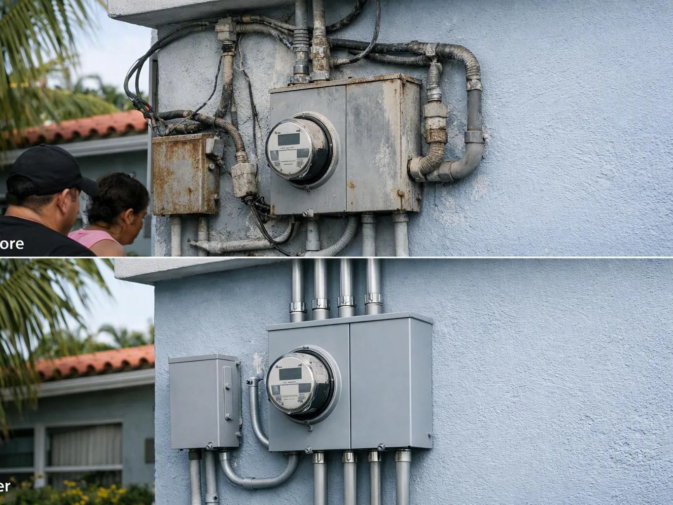 Old and newly replaced electric meter boxes mounted on a blue exterior wall
