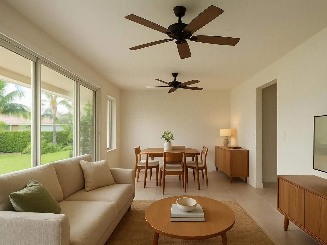 Bright living and dining room with beige furniture, ceiling fans, wood tables