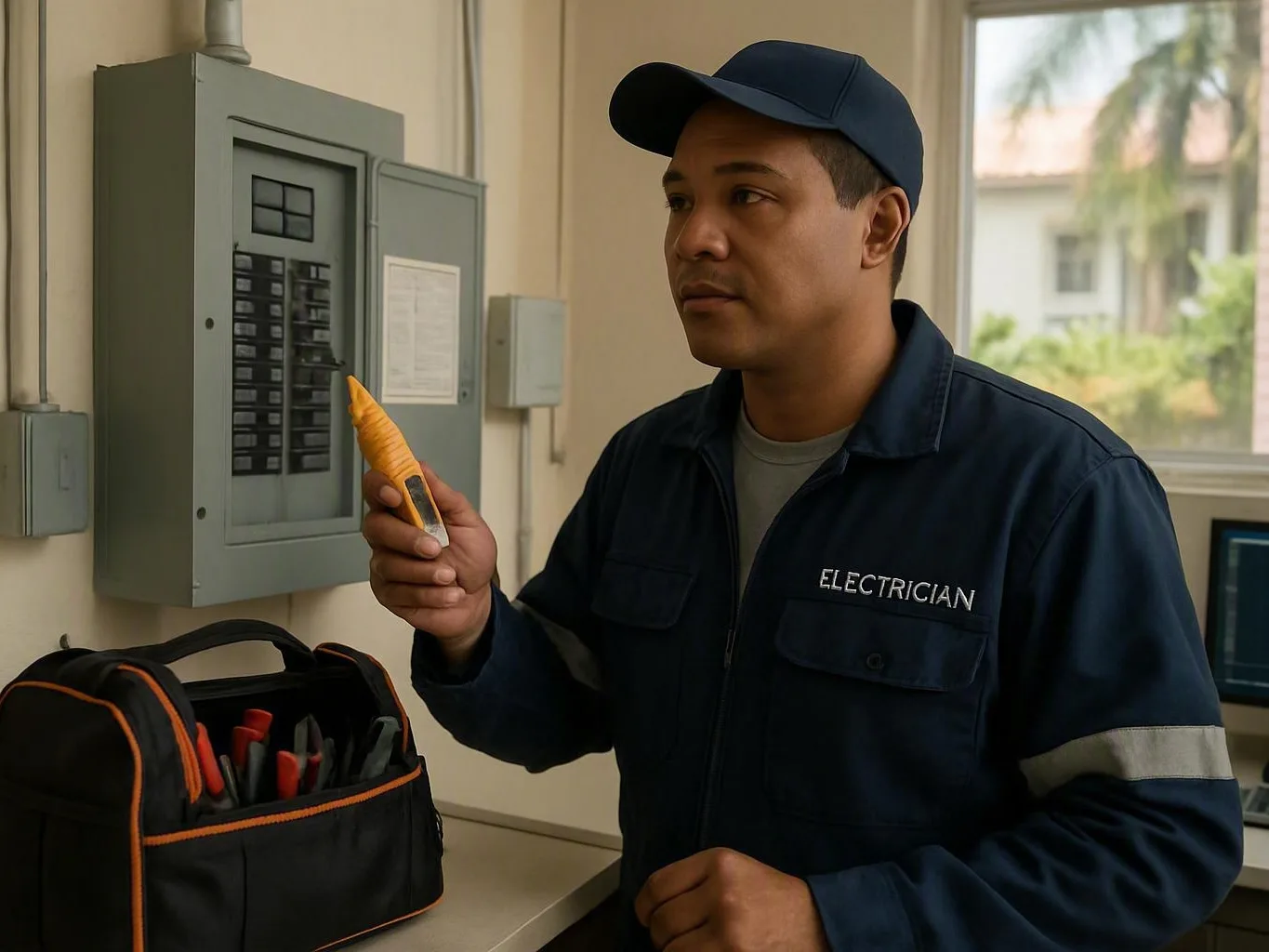 Electrician repairing an outdoor outlet after rain