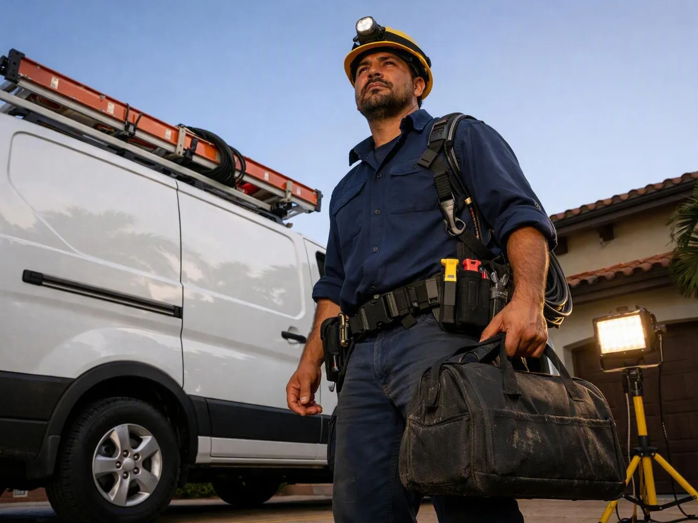Helmeted electrician holding a worn tool bag beside a white utility van in a