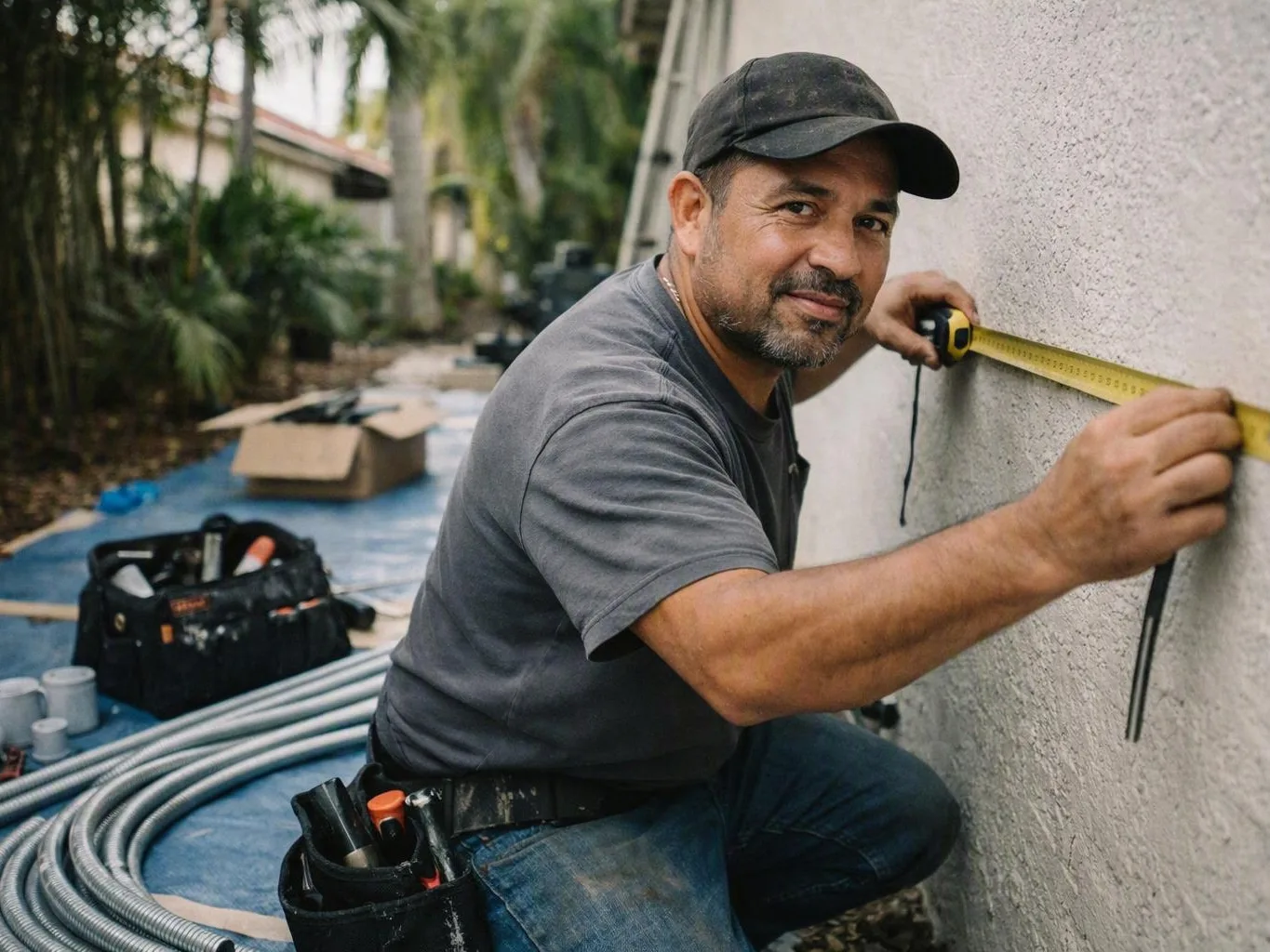 Worker measuring an exterior wall beside tools and electrical conduit pipes