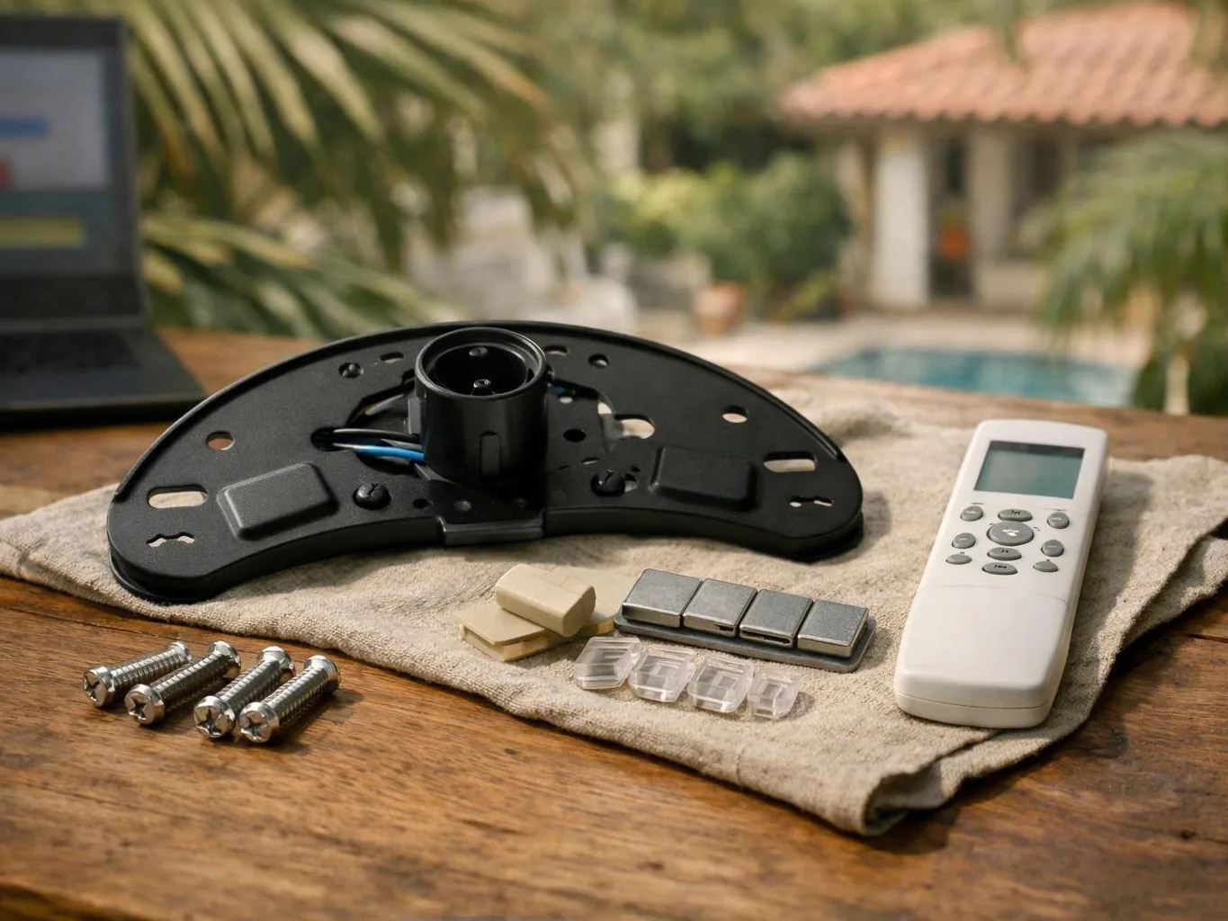 Black wall mount, screws, pads, and white remote arranged on a cloth-covered