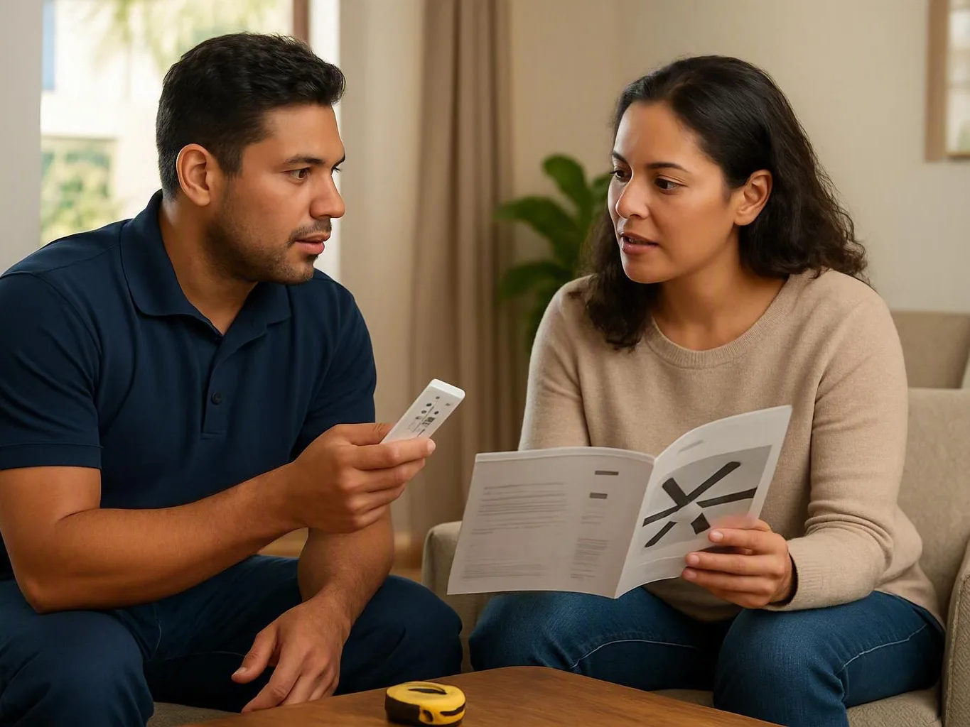 Man and woman reading a manual and discussing a remote control on a living room