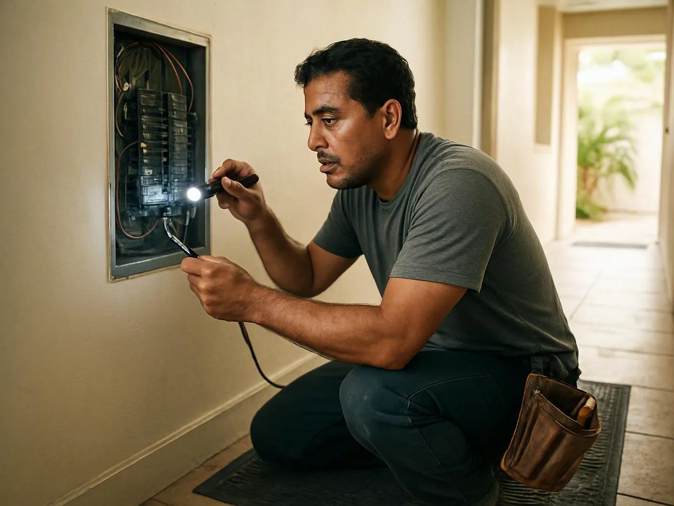Technician inspecting a generator transfer switch — Does Insurance Cover Storm-Related Electrical Repairs?
