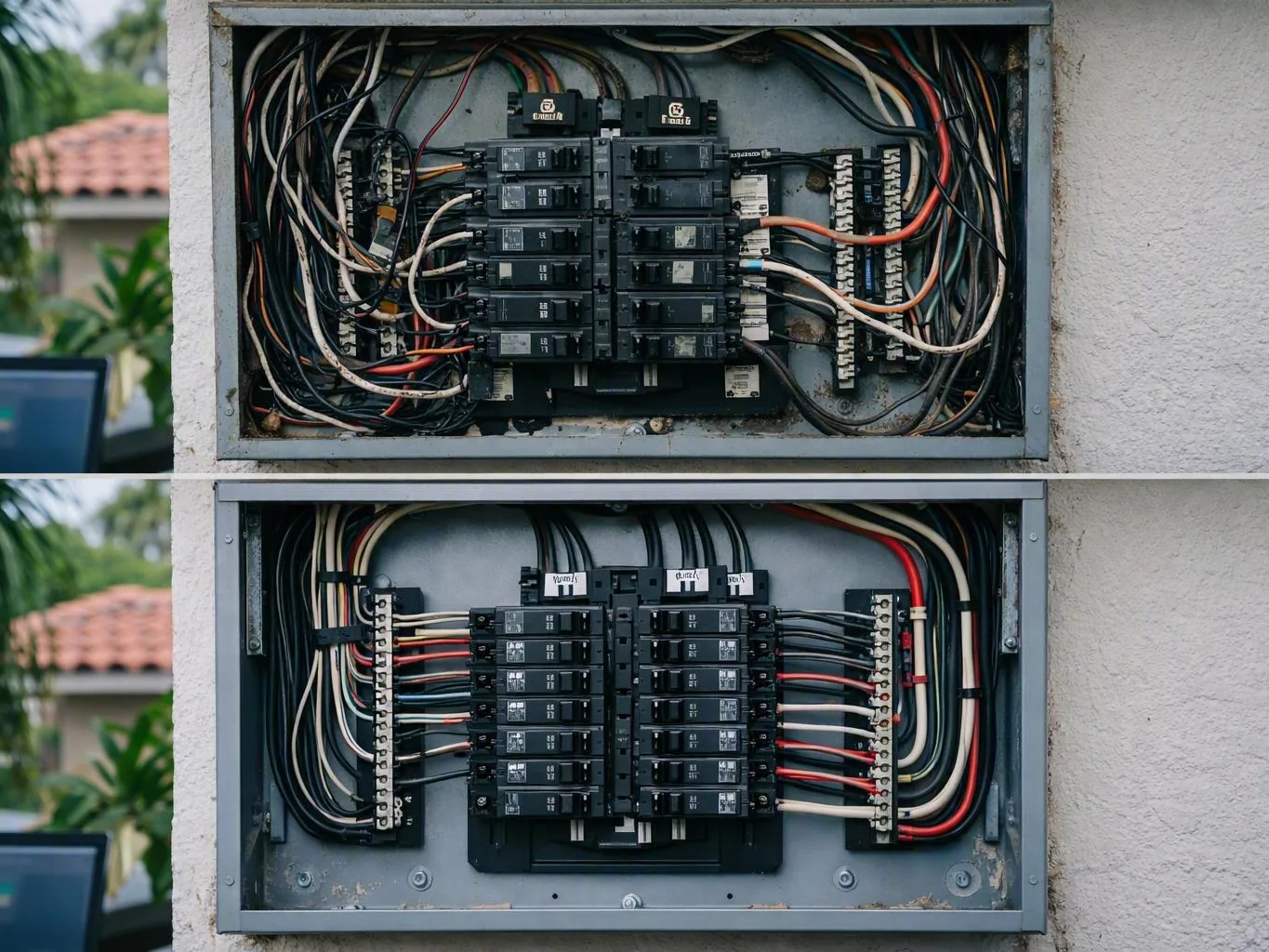 Two open breaker panels with dense colored wiring looping around the breakers