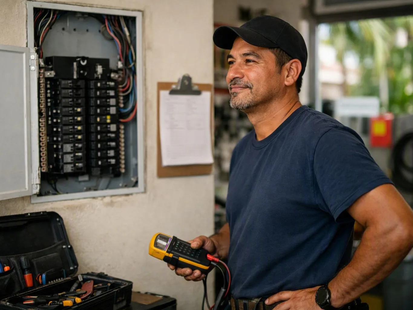Man holding a multimeter beside an open electrical breaker panel in a workshop