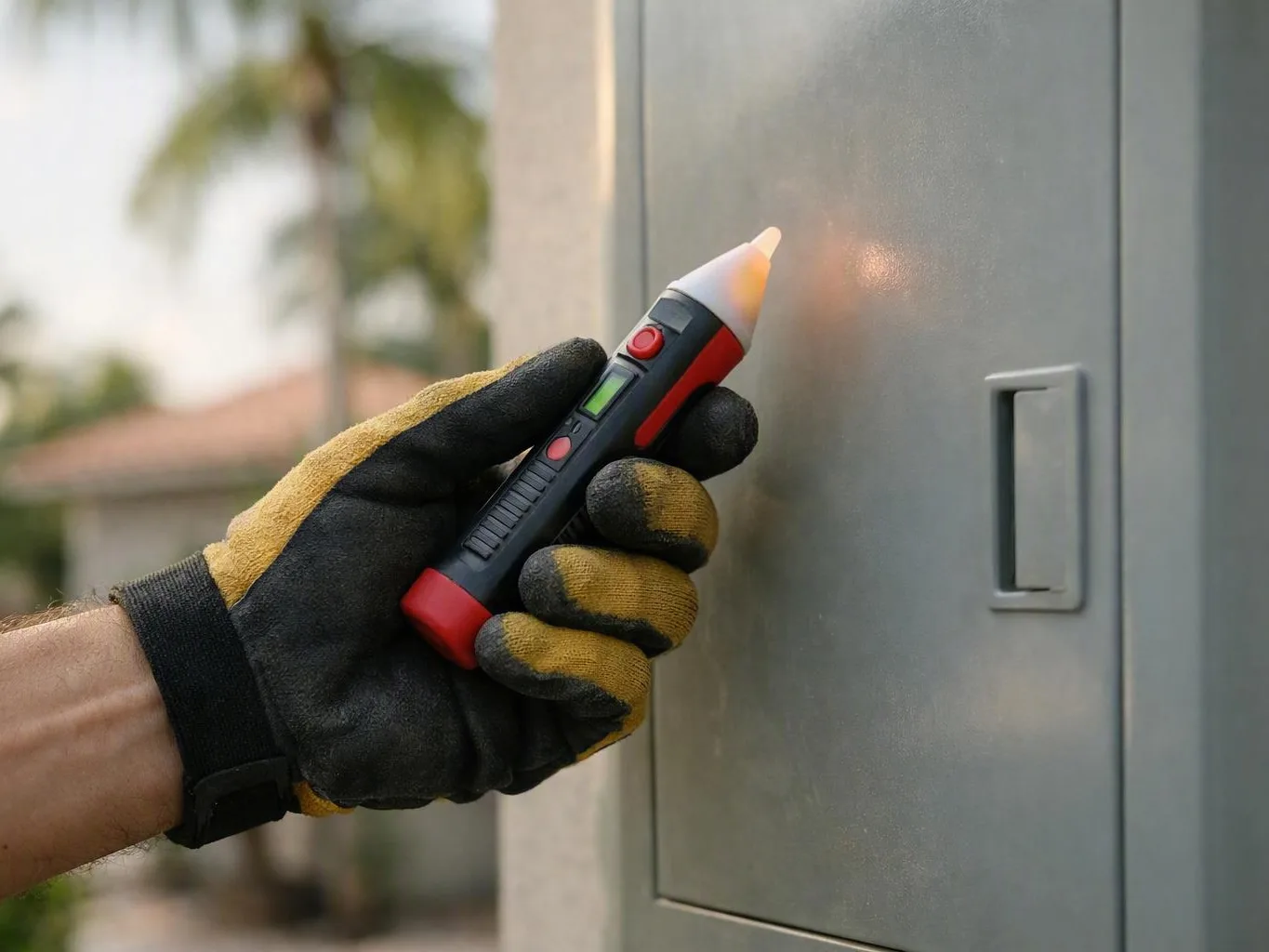 Gloved hand using a lit voltage tester on a gray outdoor electrical panel