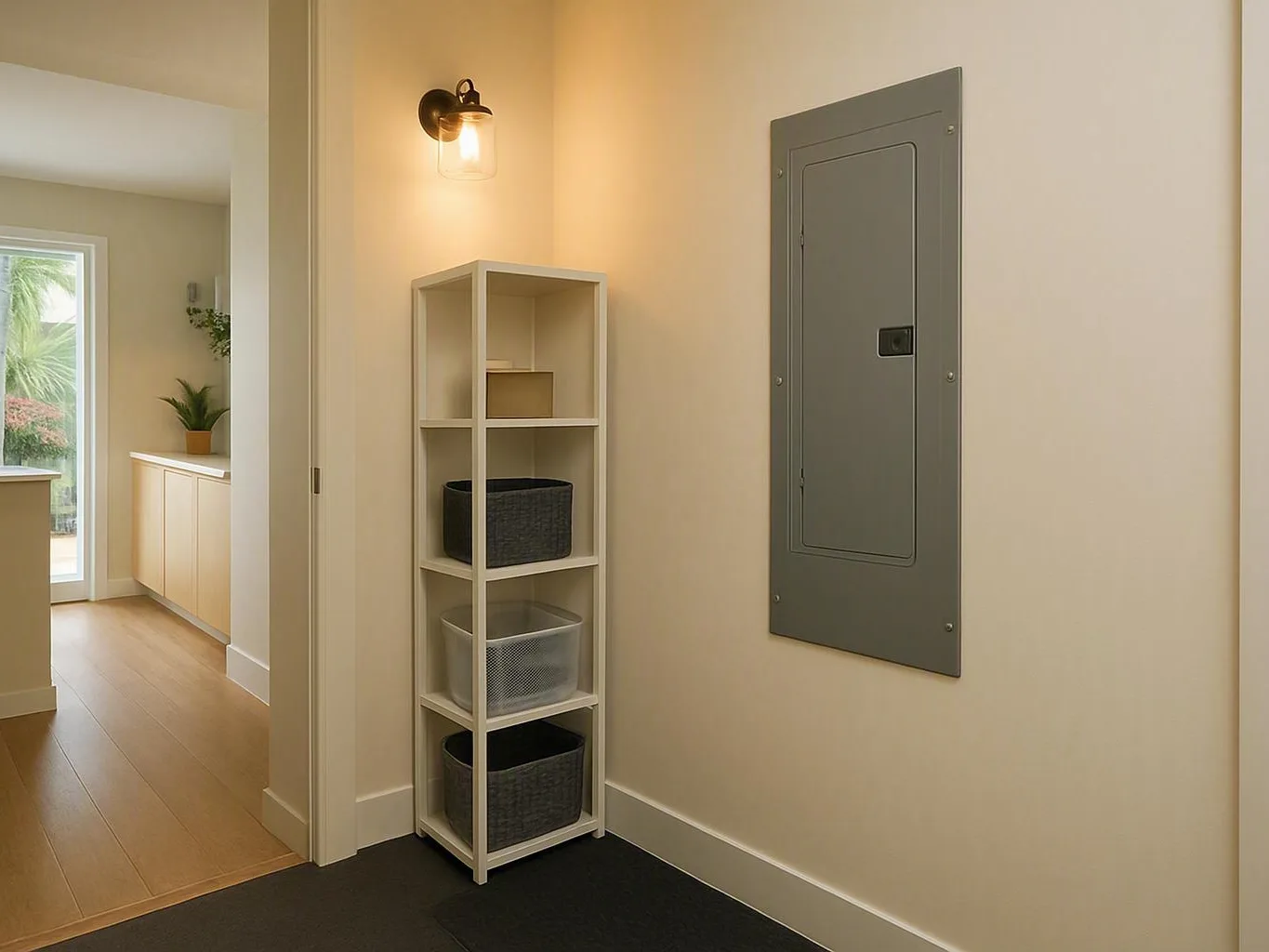 Hallway with a lit wall sconce, storage shelves, and a gray electrical panel