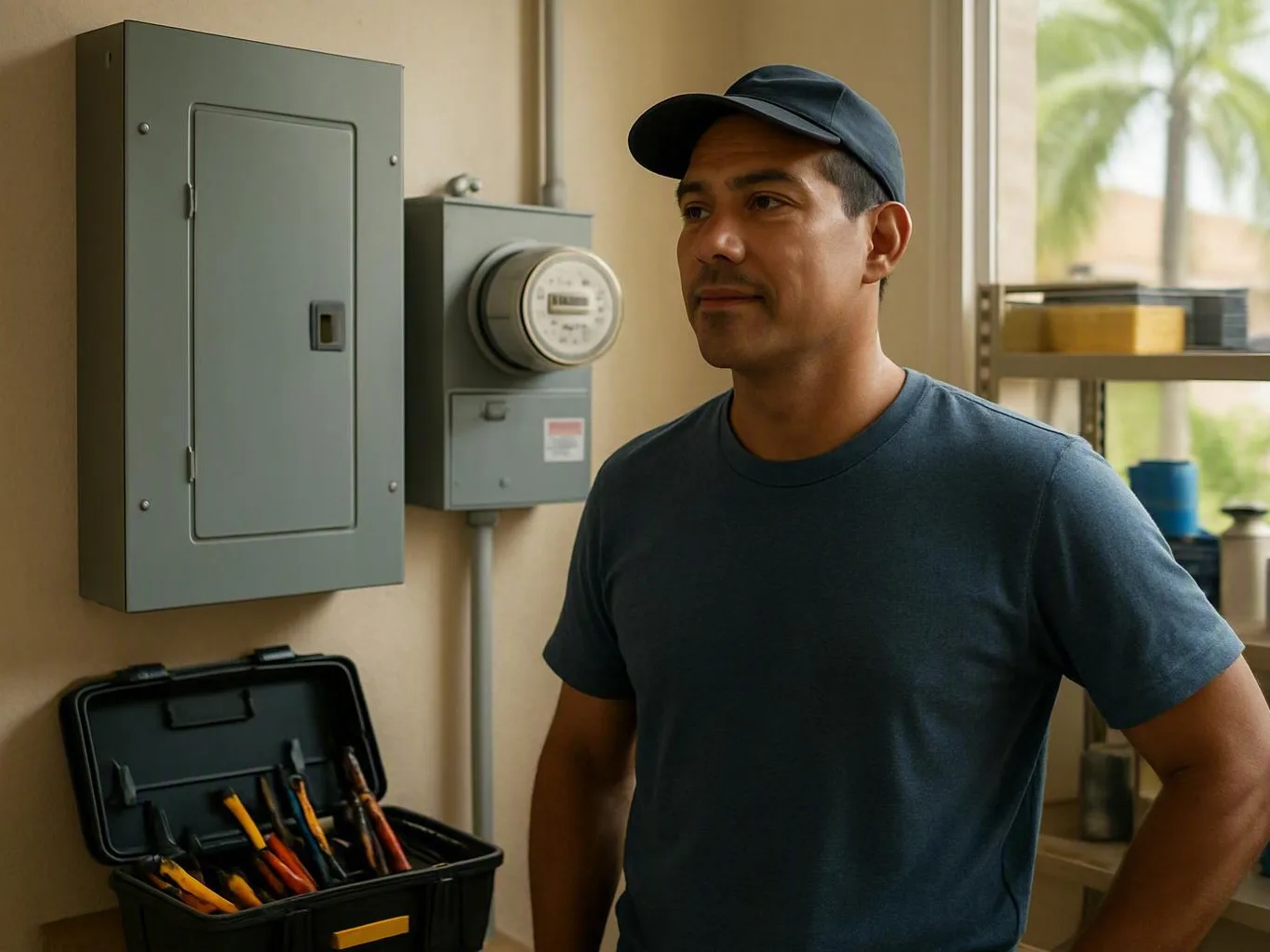 Electrician standing beside electrical panels and an open toolbox indoors — Can an Inspection Confirm Whether a Power Outa...