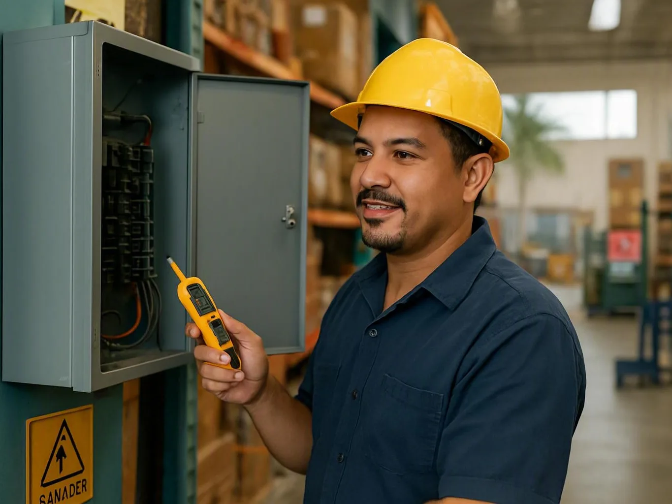 Worker in a yellow hard hat tests an open electrical panel inside a warehouse