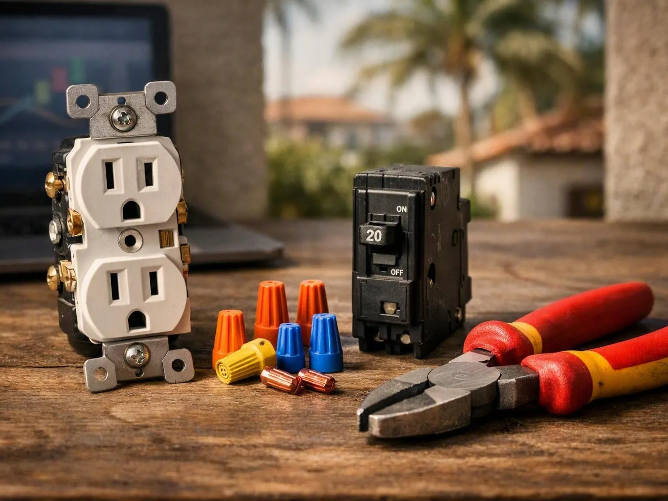 Electrical outlets, a 20-amp breaker, wire nuts, and pliers arranged on an