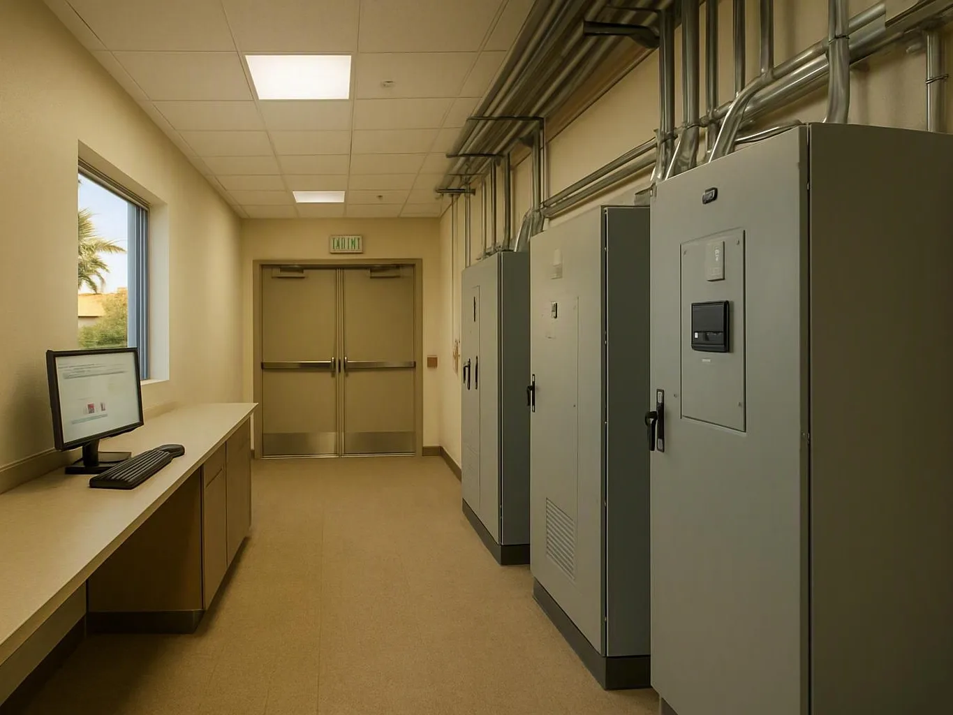 Empty utility corridor with electrical cabinets, exposed pipes, a computer