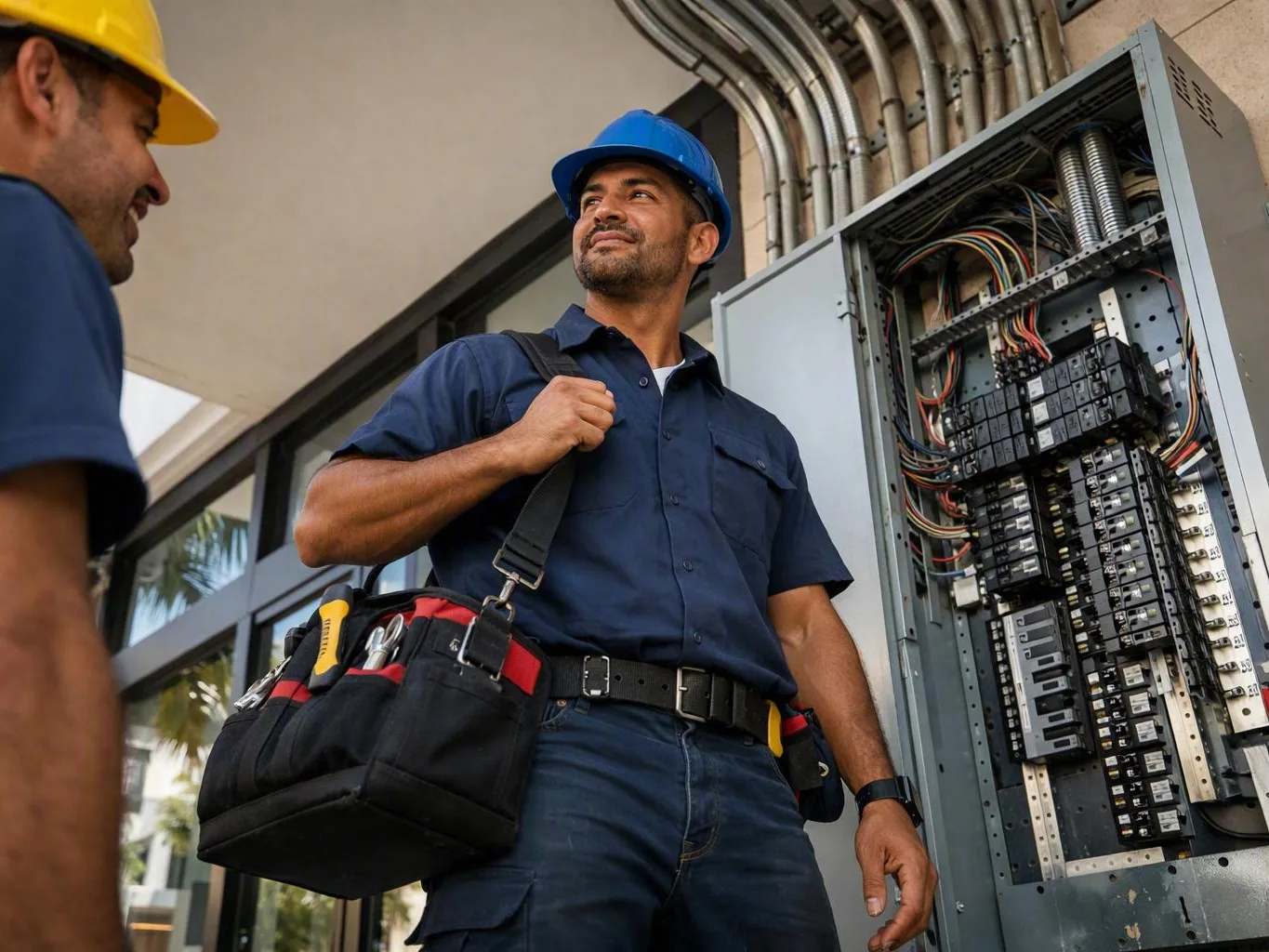 Two electricians in hard hats stand beside an open breaker panel outside a