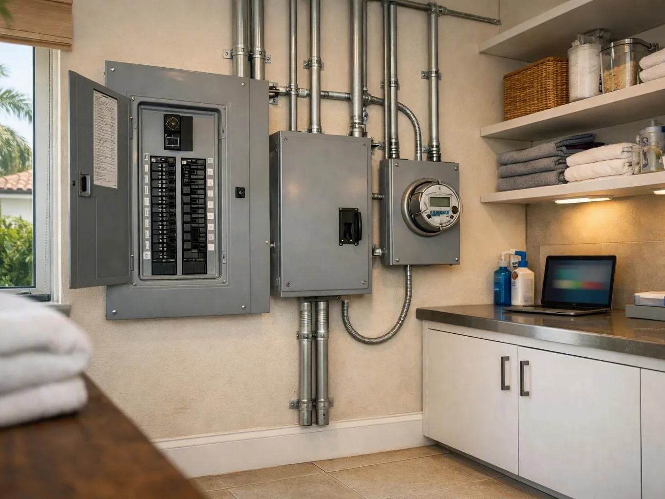 Tidy utility room with gray electrical panels, metal conduits, shelves, and