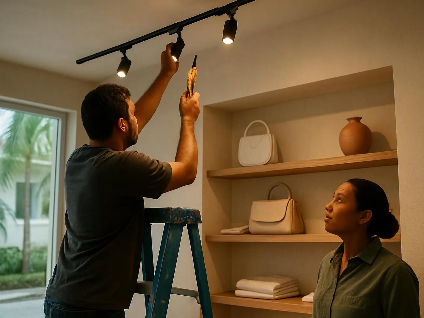 Electrician adjusting ceiling track lights from a blue ladder as a woman watches