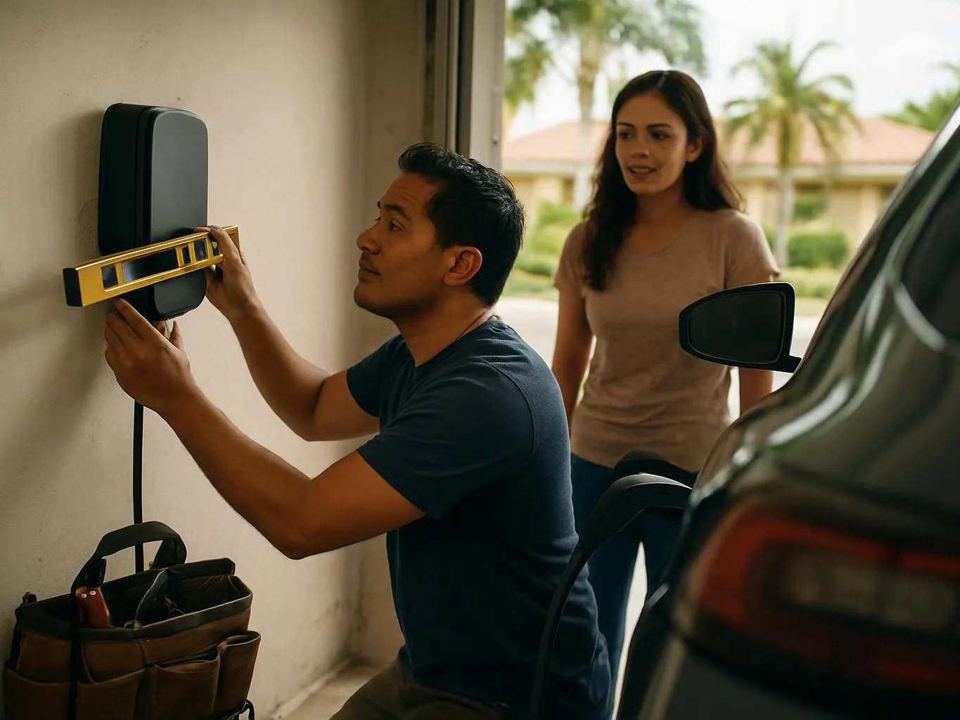 Technician levels a wall-mounted electrical device while a woman watches in a