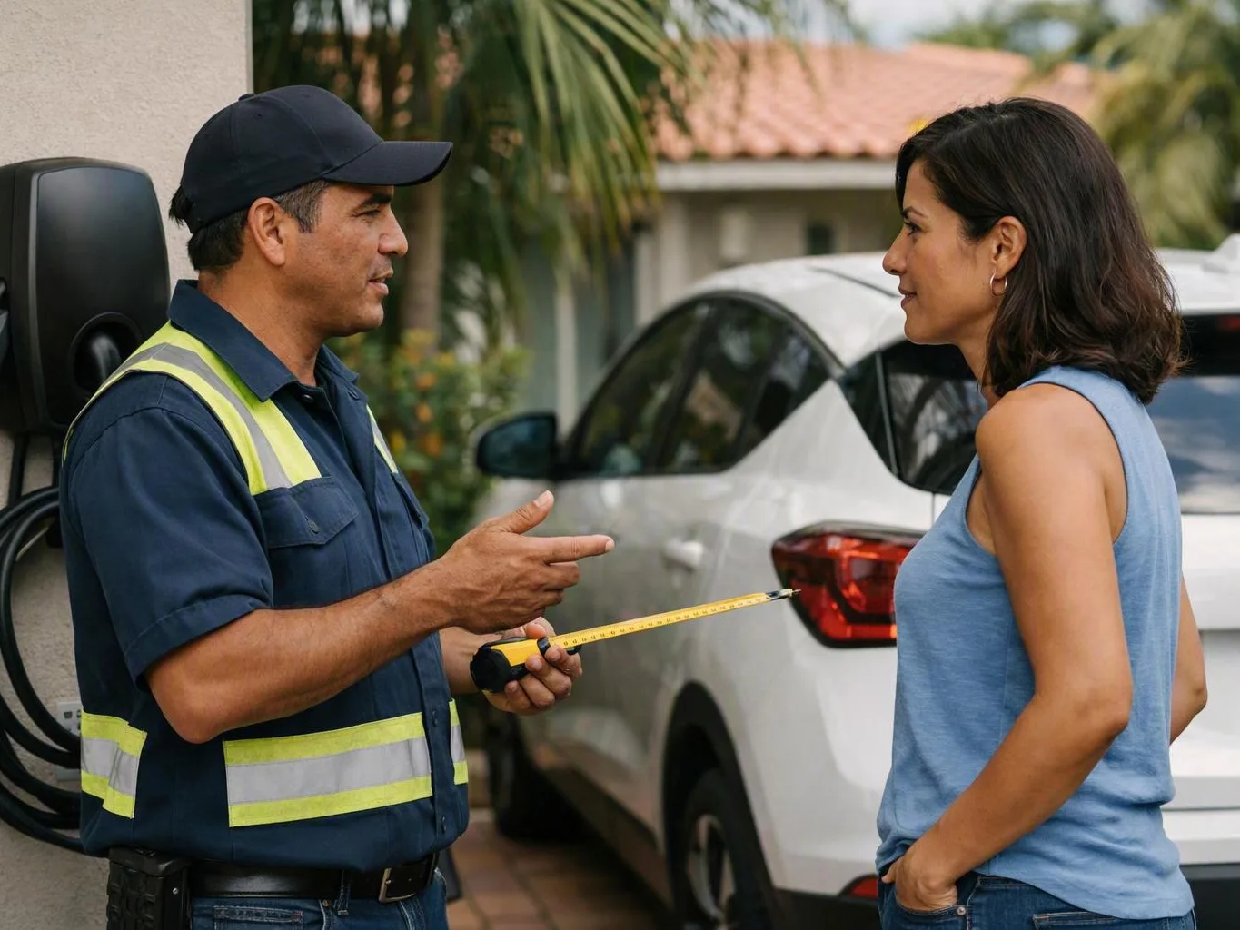 Worker measures beside a woman and white SUV outside a home