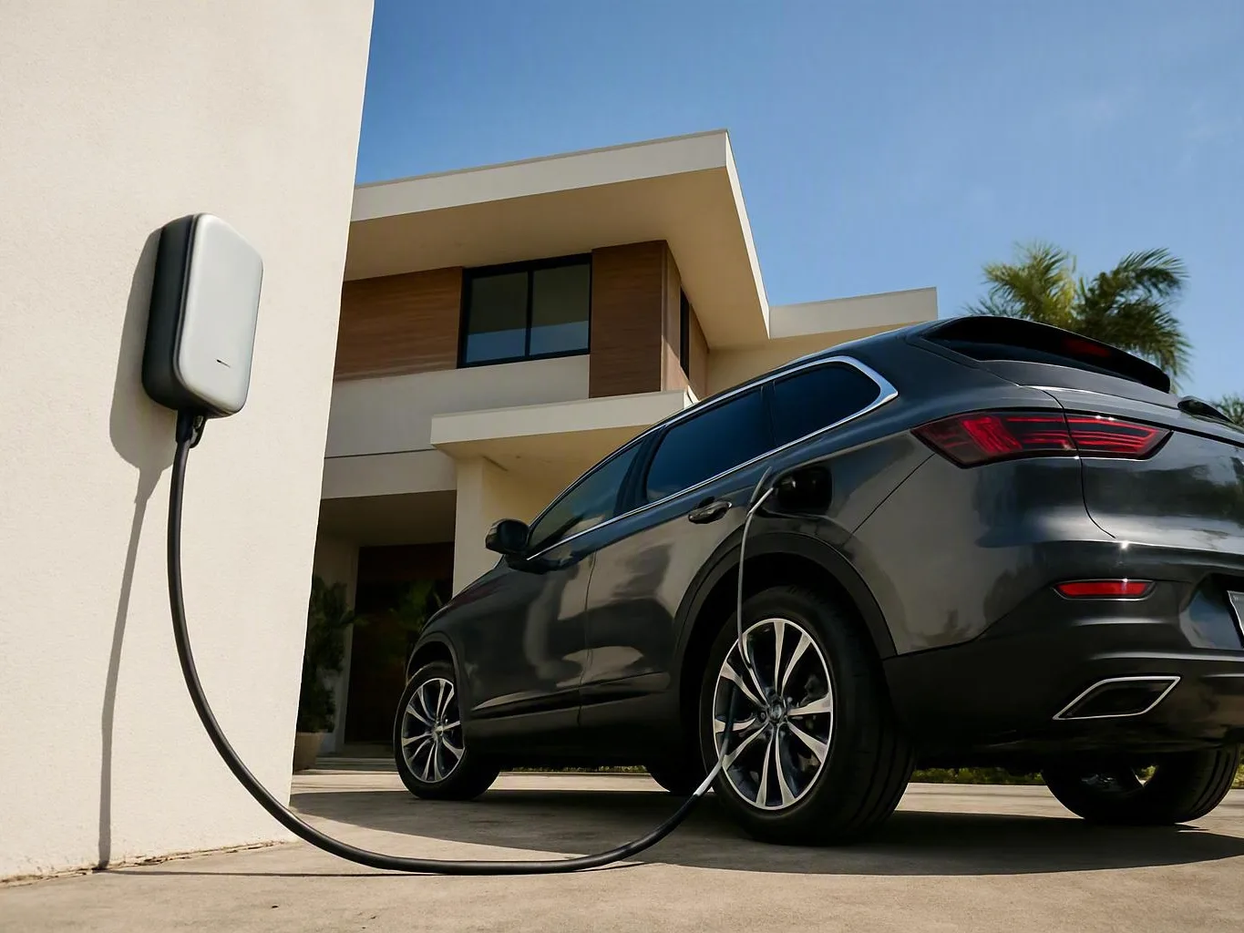 Black SUV parked beside a home electric vehicle charger under a clear blue sky