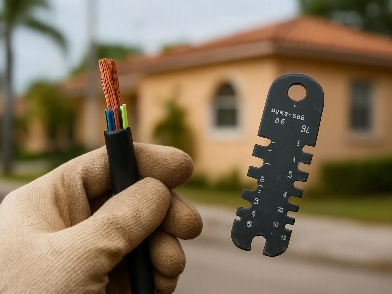 Gloved hand holds a stripped electrical cable beside a wire gauge tool outside