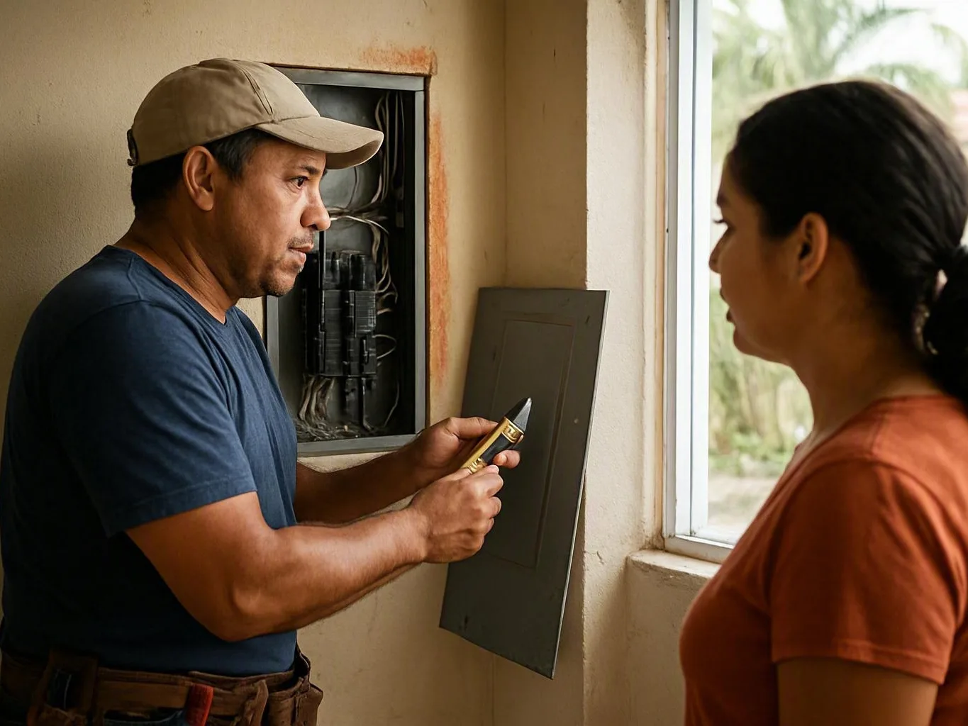 Technician works inside an electrical panel while a woman watches indoors