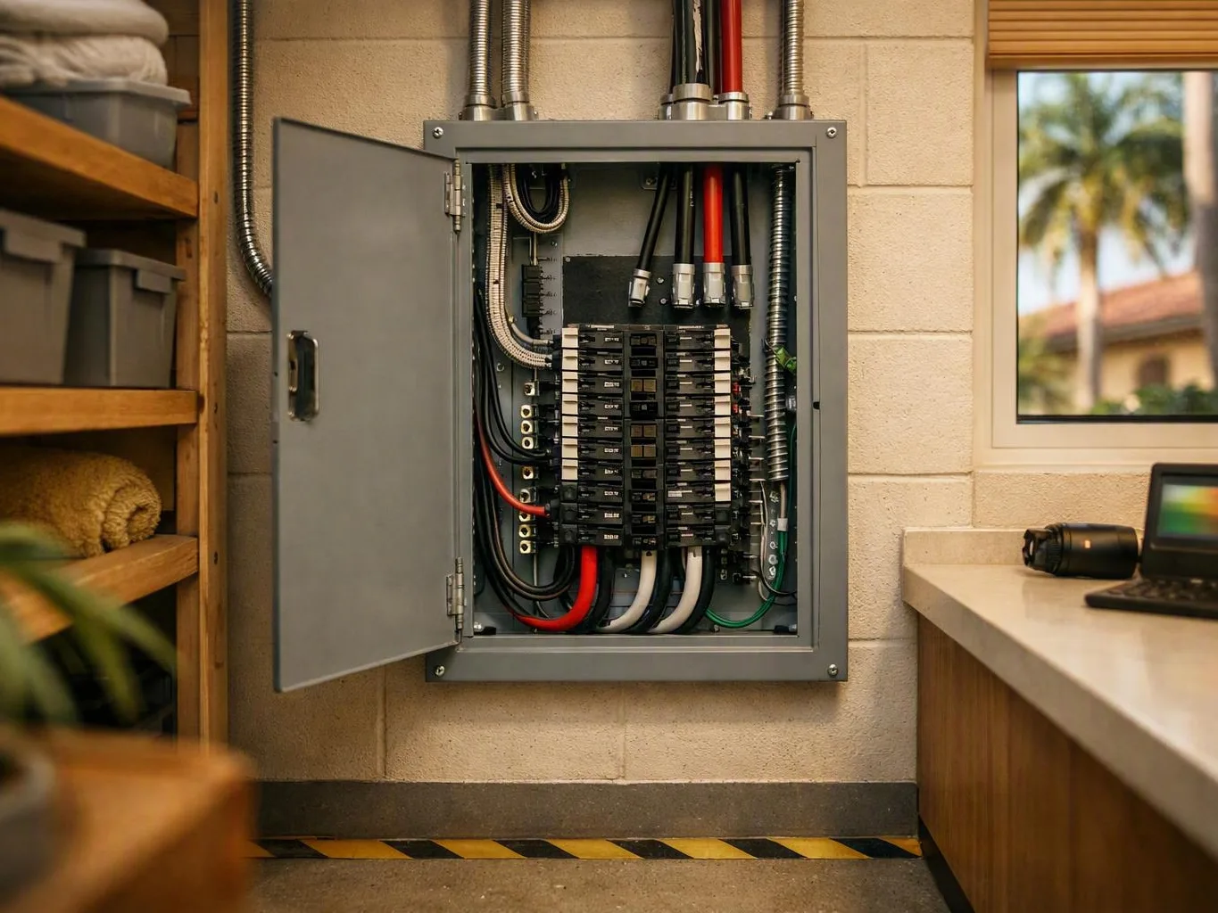 Open electrical breaker panel with exposed wiring in a small utility room
