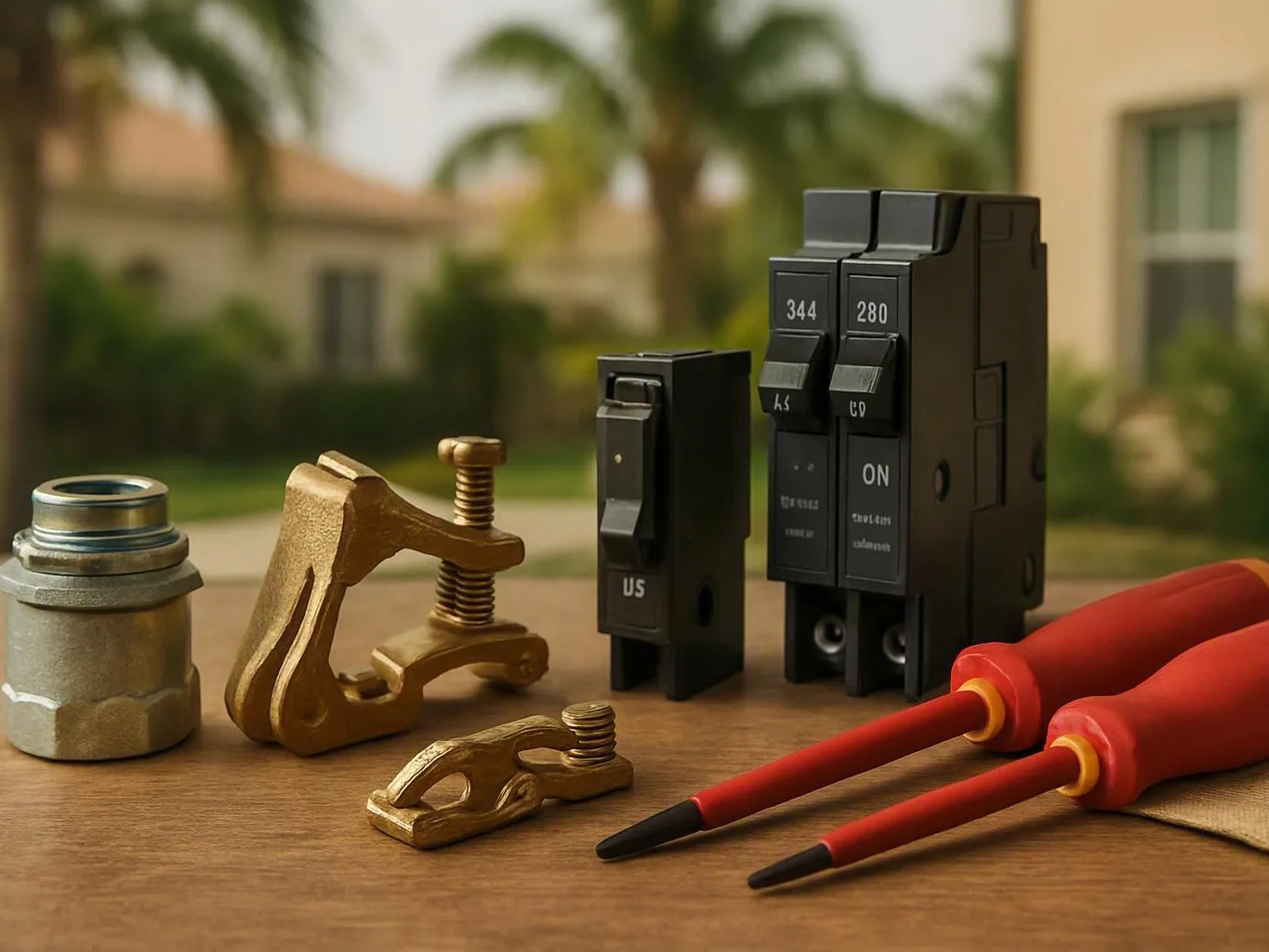 Circuit breaker parts and red insulated test probes on an outdoor wooden table