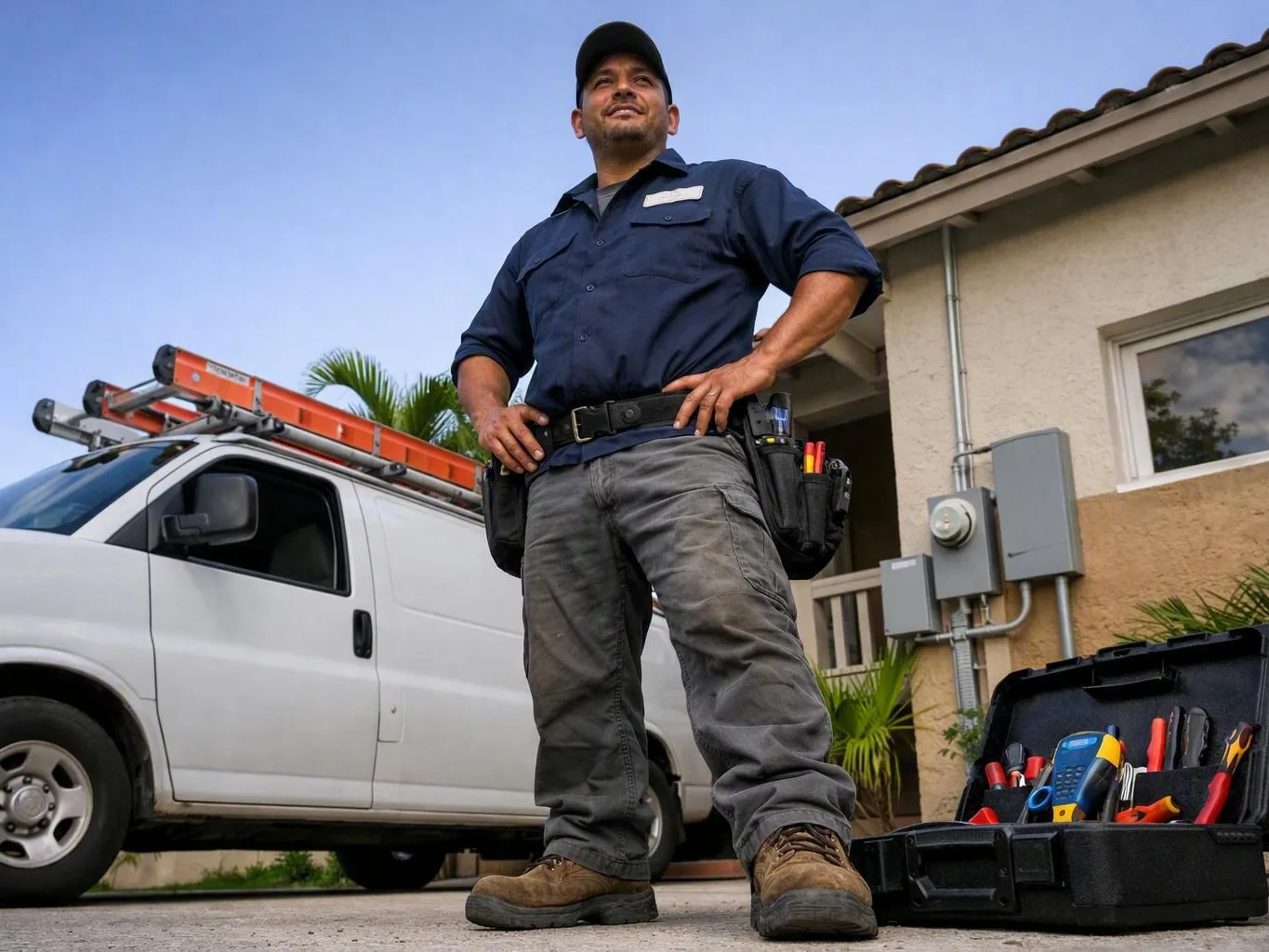 Utility worker stands beside a white van and open tool case outside a house — Should I Call the Power Company or an Electr...