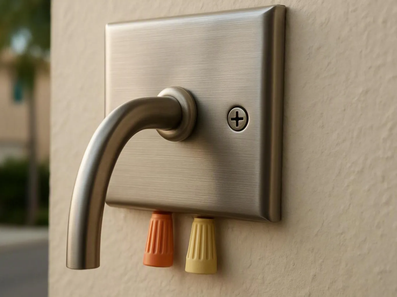 Brushed metal wall spout with curved handle and colored connectors on a beige