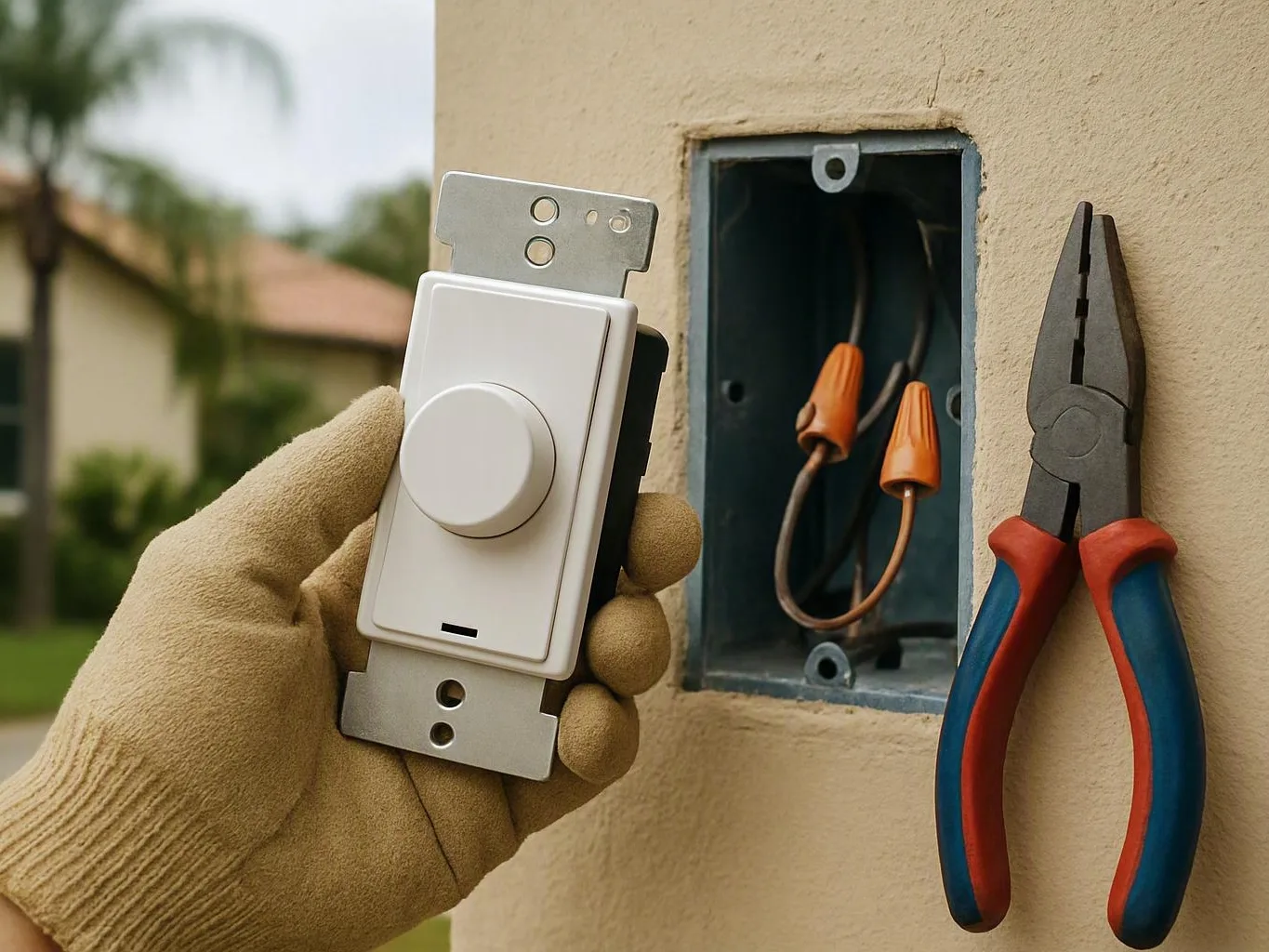 Gloved hand holds a white dimmer switch beside an open electrical box and