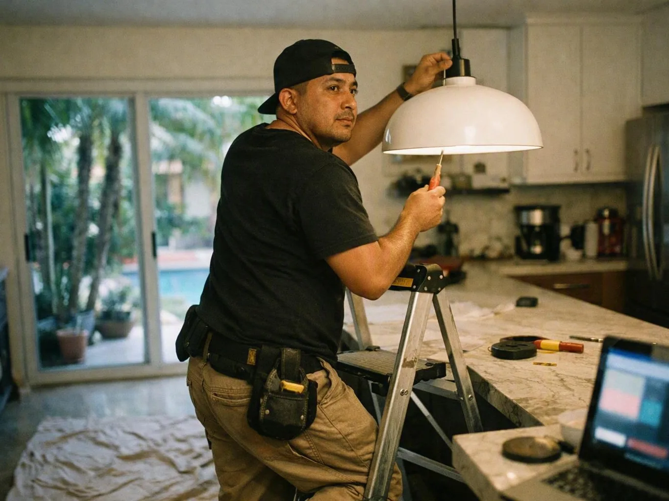 Man installing a white pendant light from a step ladder in a modern kitchen