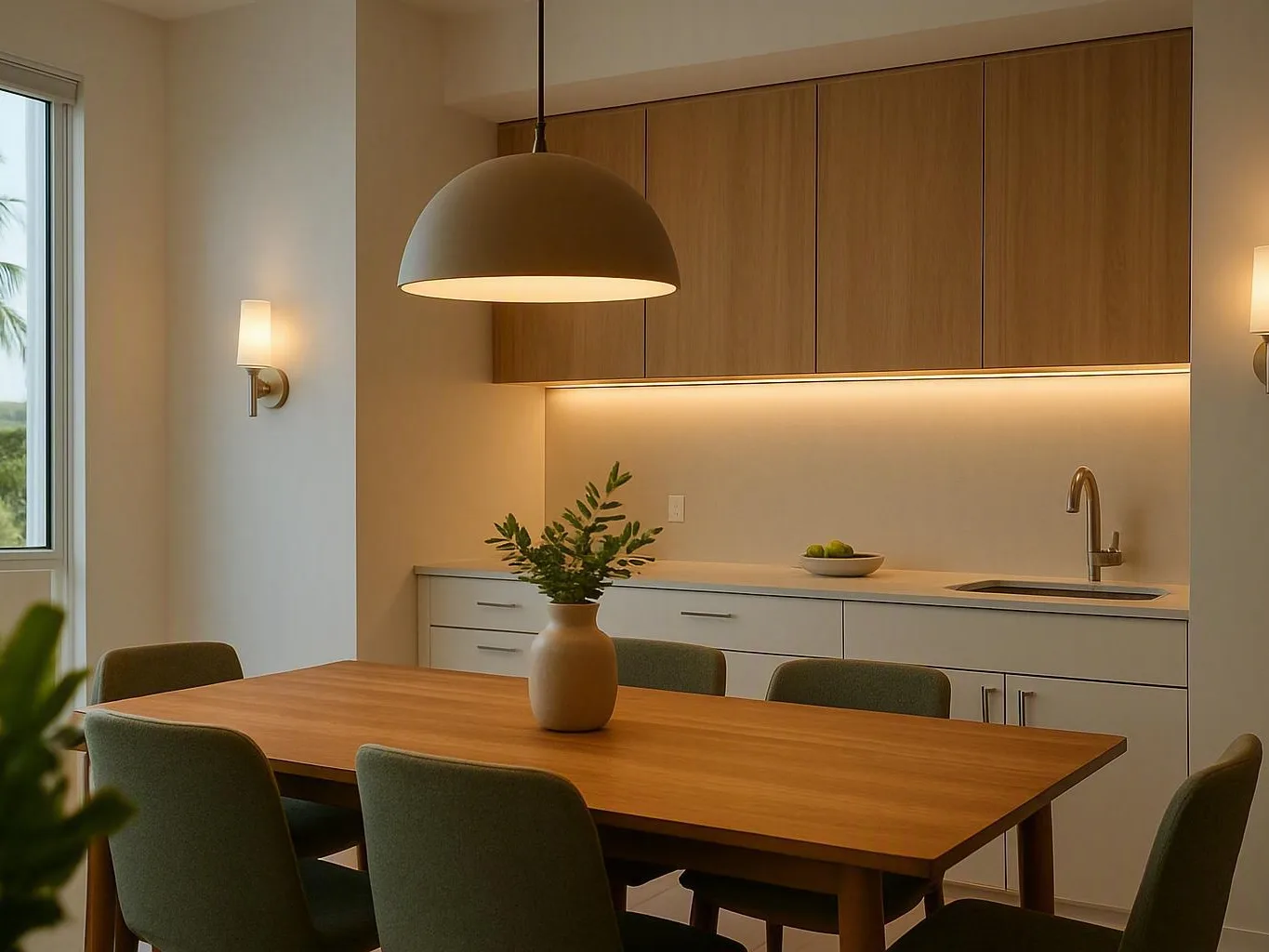 Modern dining area beside a small kitchen with green chairs and a hanging light