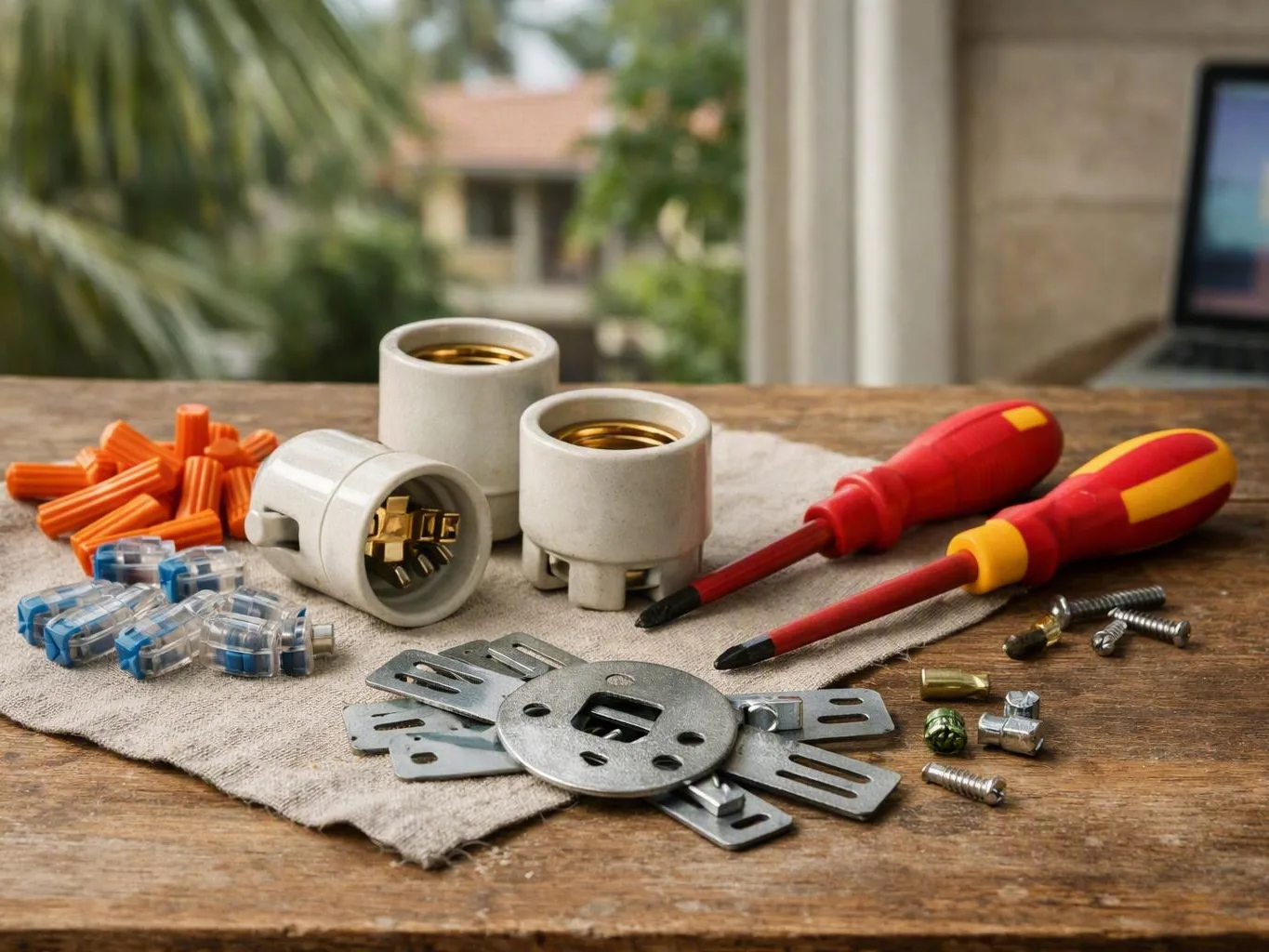 Electrical parts, screws, and red-handled screwdrivers arranged on a wooden