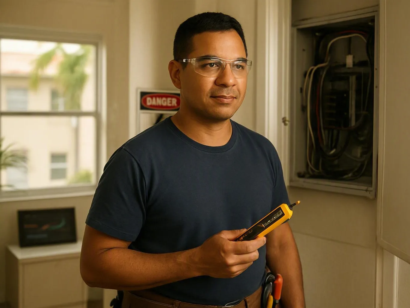 Technician in safety glasses tests an open electrical panel inside a room