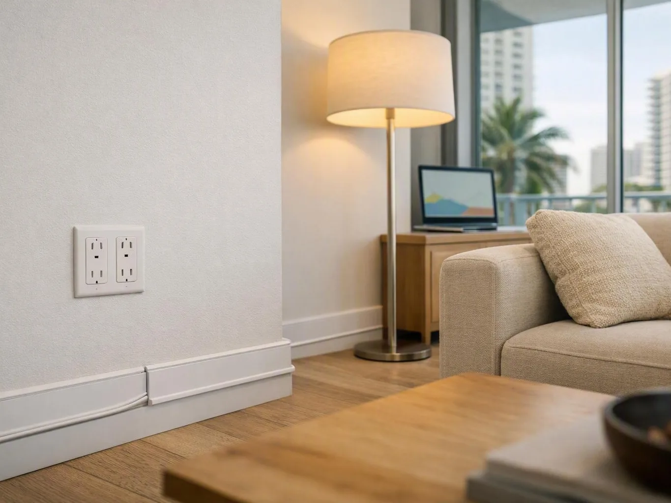 Bright living room with sofa, floor lamp, laptop, and wall outlet near